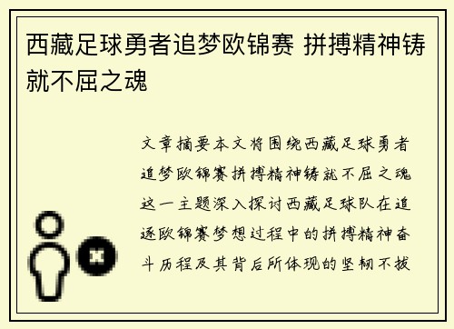 西藏足球勇者追梦欧锦赛 拼搏精神铸就不屈之魂