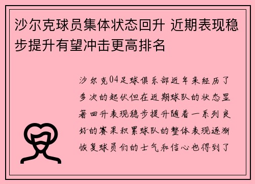 沙尔克球员集体状态回升 近期表现稳步提升有望冲击更高排名